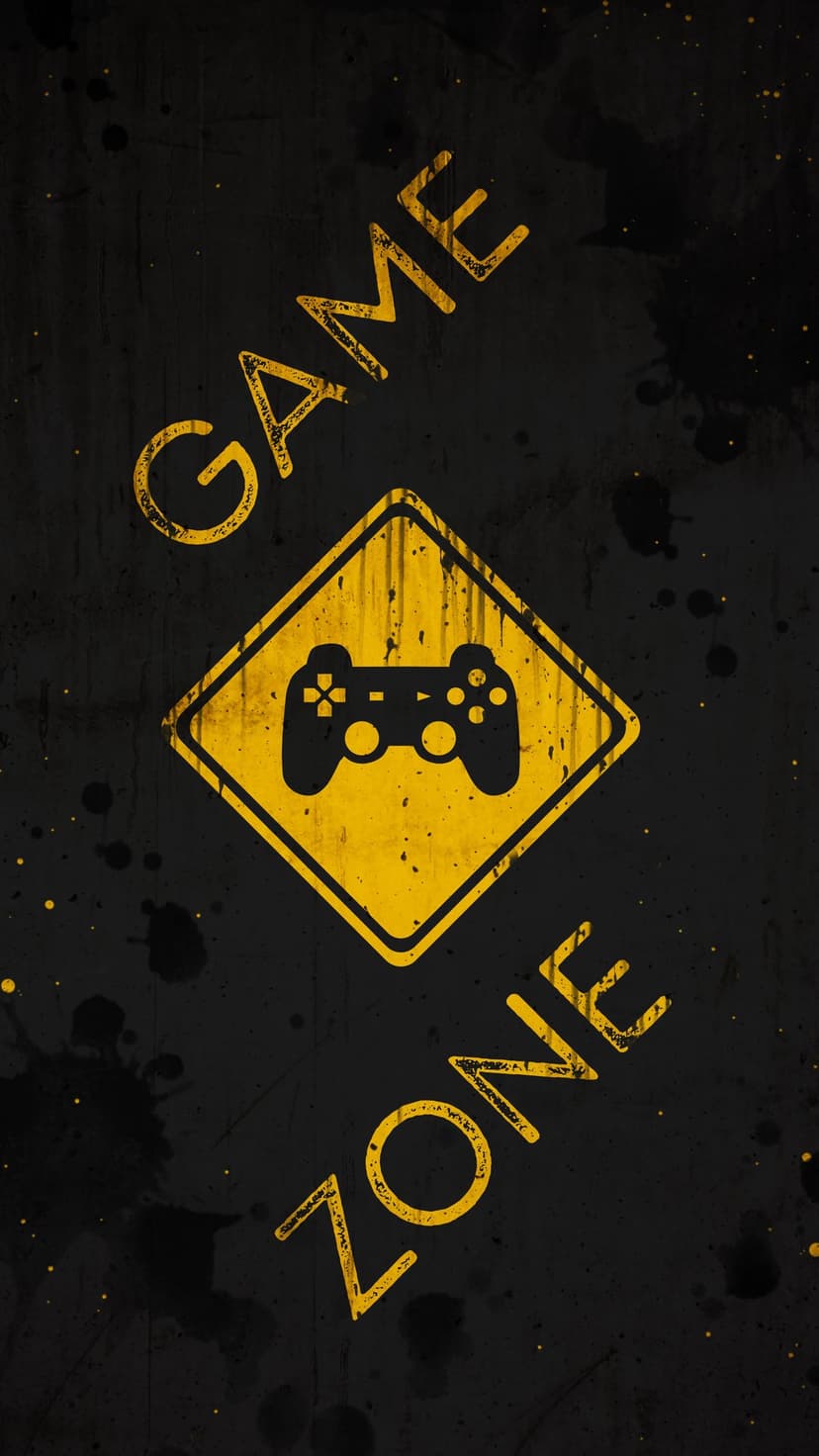 Game Zone warning sign with a controller icon centered on a dark, textured, distressed yellow and black surface.
