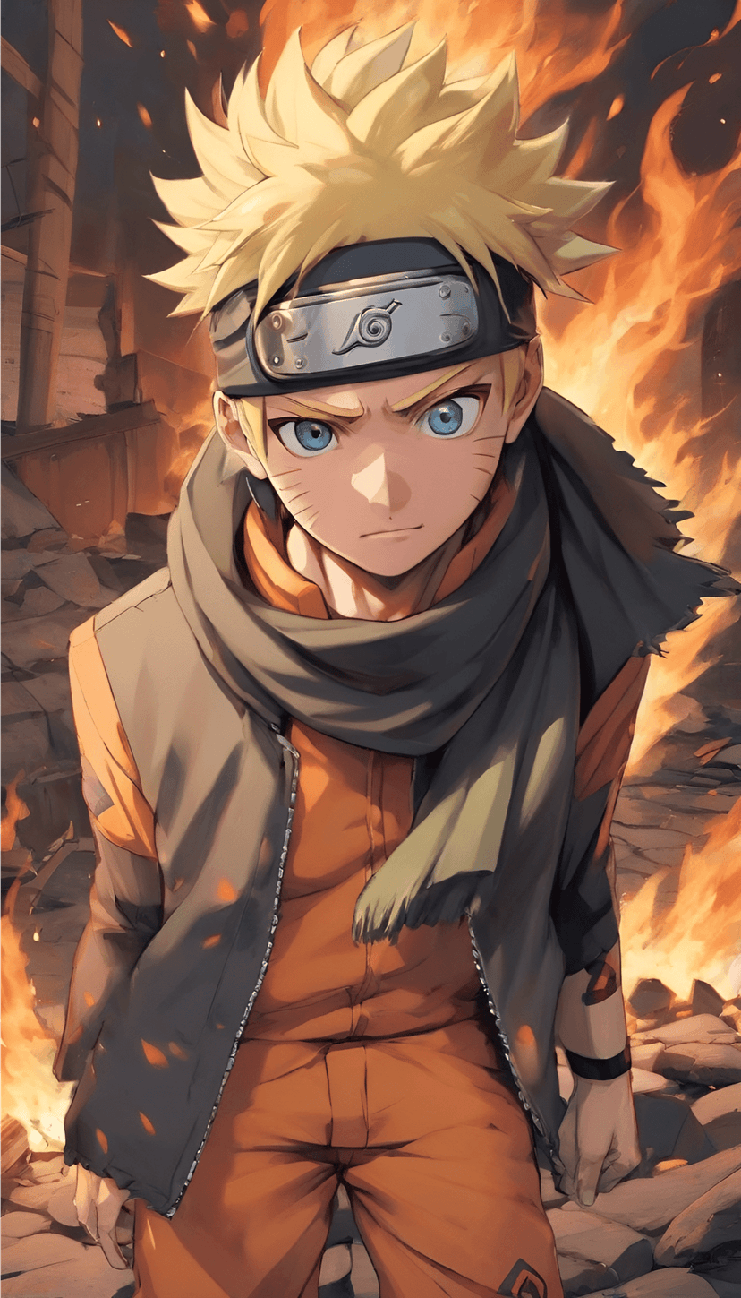 Naruto Uzumaki in his orange jumpsuit stands amidst orange flames and floating grey rubble during a fierce battle.
