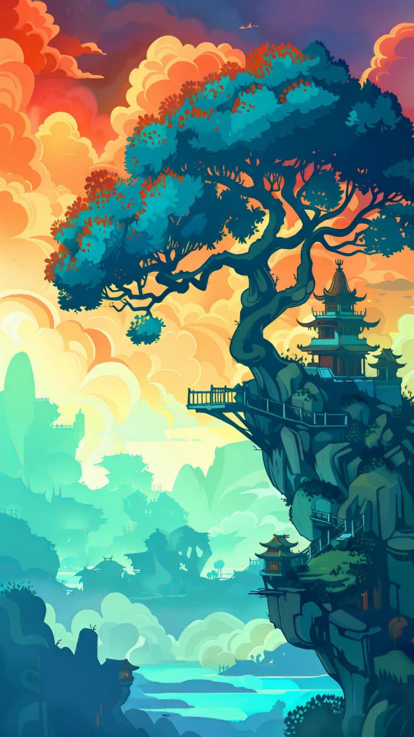 An ancient tree with turquoise leaves on a cliff beside red pagodas overlooking misty mountains and orange clouds.