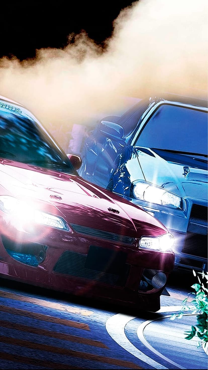 Nissan Skyline R34 and Silvia S15 drift through thick tire smoke with glowing headlights at night.