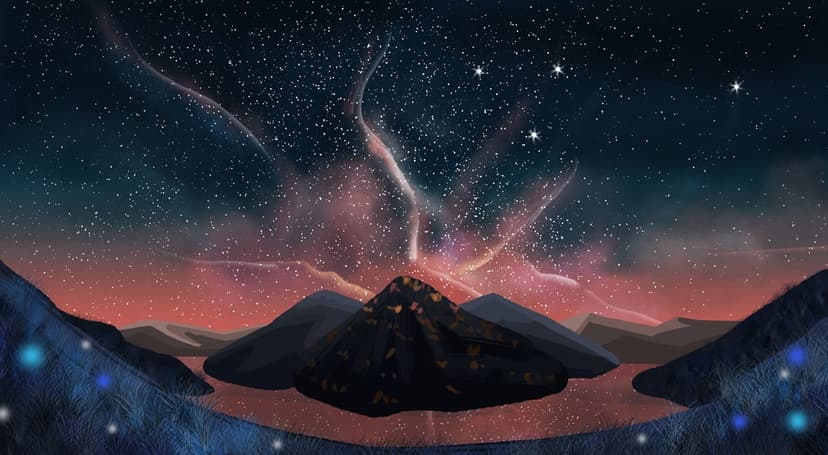 Glowing pink aurora borealis reflecting in a calm lake at the base of dark mountain peaks under a starry night sky.