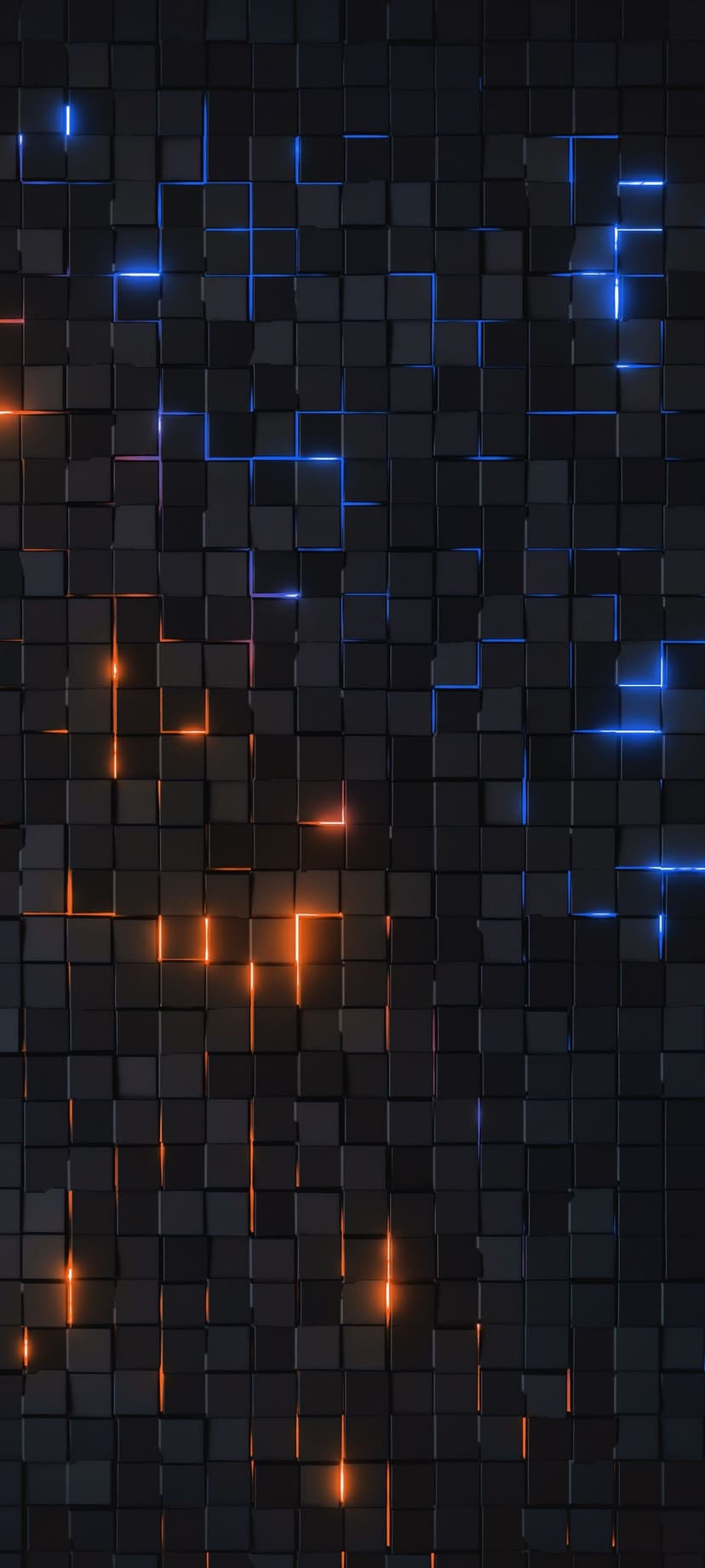 Black 3D cubes in a geometric grid emit vibrant orange and blue light from deep crevices between the blocks.