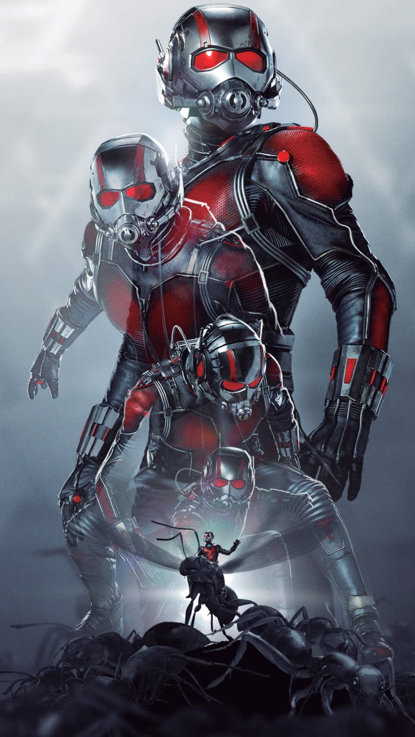 Giant Ant-Man towers over Hope van Dyne and a swarming ant army in a heroic cinematic poster layout.