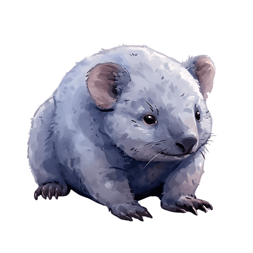 Grey wombat marsupial sits against a dark background featuring soft watercolor textures and detailed fur.
