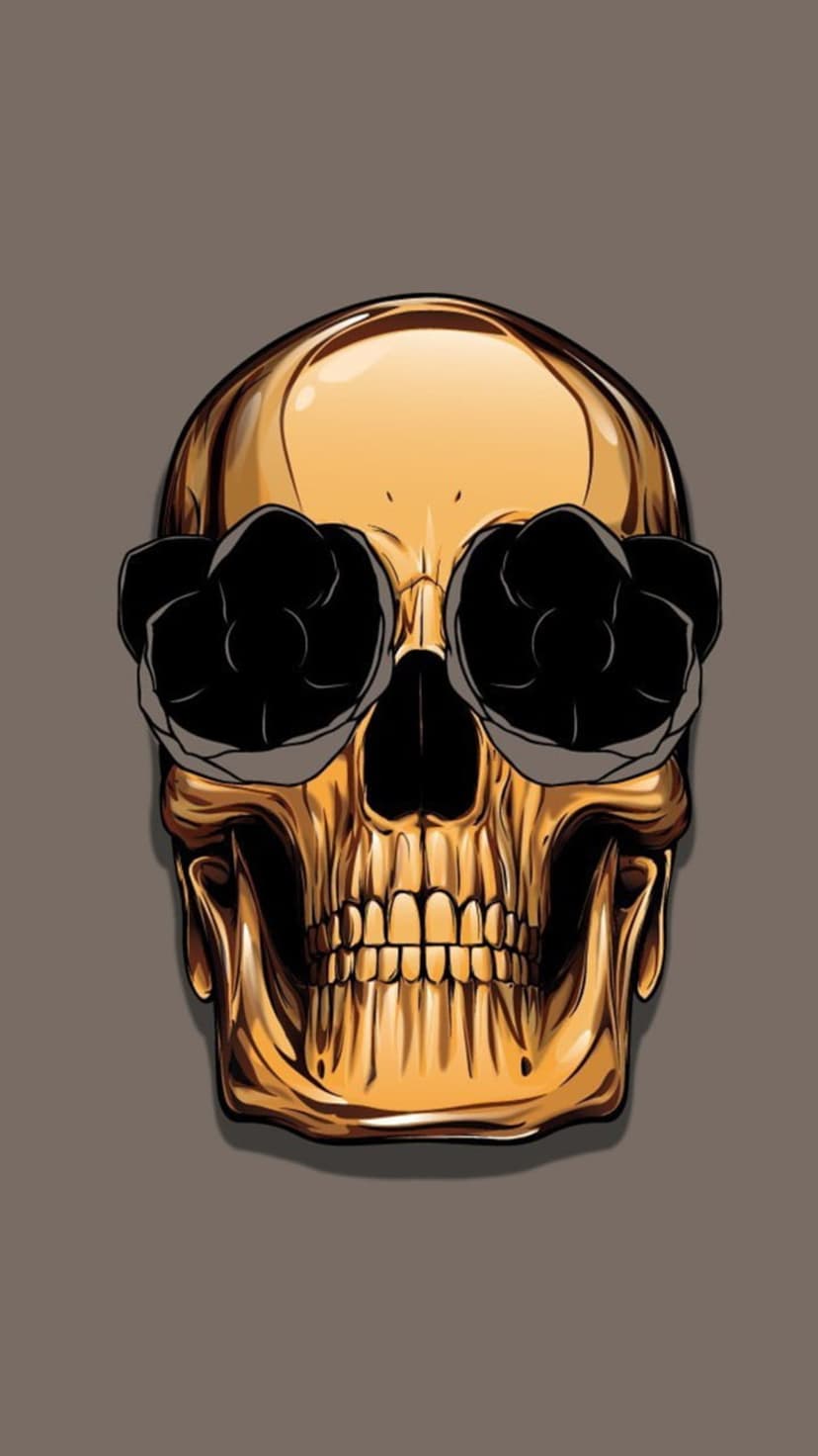 Golden skull wearing black flower-shaped sunglasses against a neutral brown background with metallic reflections.