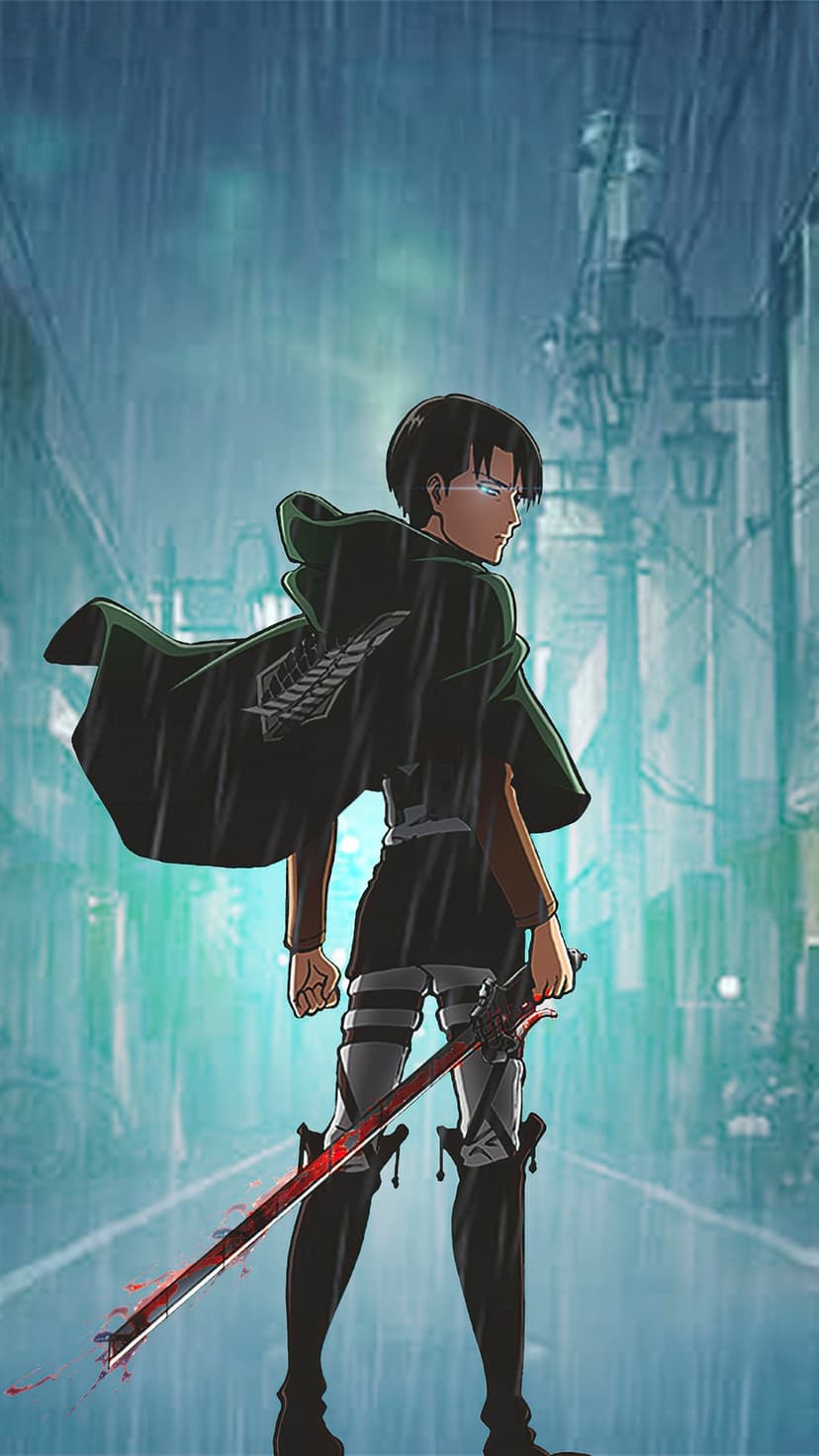 Levi Ackerman stands in a rainy urban street holding a steel blade reflecting a chilling red glow.