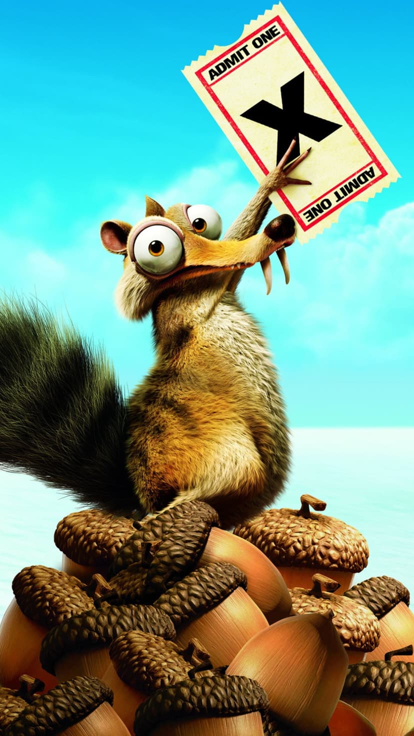 Scrat the squirrel sits on a pile of acorns while holding a yellow admit one ticket with a large black X.