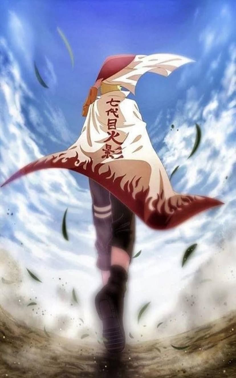Naruto Uzumaki wearing the Seventh Hokage mantle stands amidst swirling leaves and a bright blue sky.