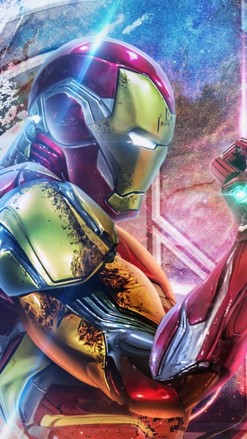 Iron Man in red armor with glowing eyes and gauntlet stands before a purple cosmic nebula with distant stars.