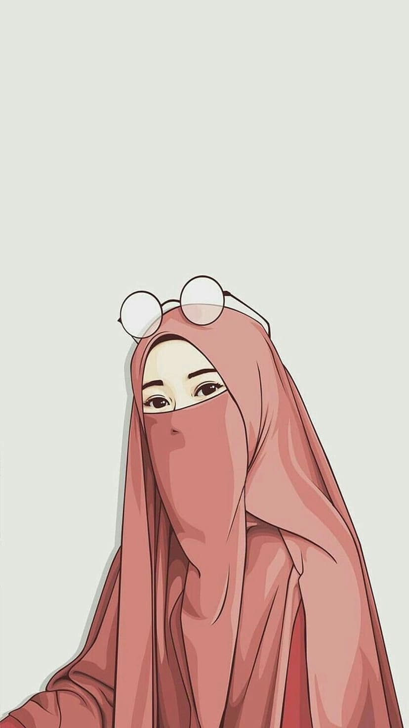Niqab-wearing woman with a pink veil and round glasses on her forehead in a clean, soft-shaded art style.