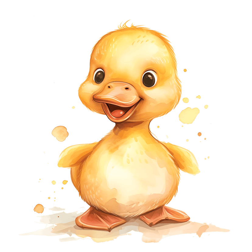 Watercolor yellow duckling walking through bright orange paint splatters with an open beak and downy feathers.