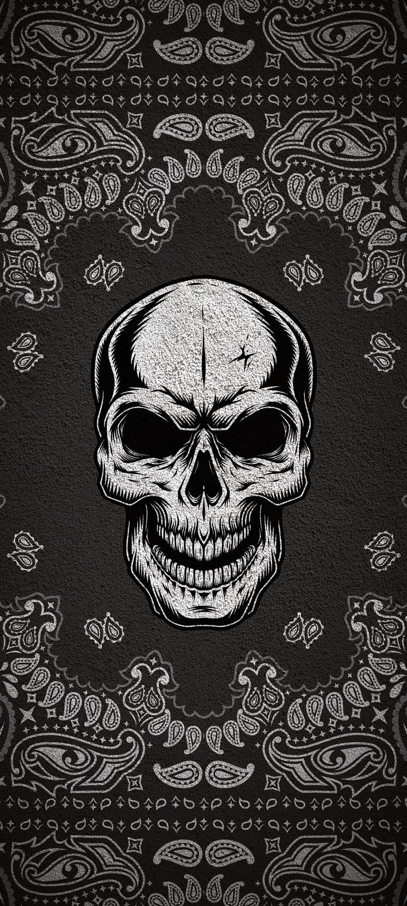 Human skull centered on a black paisley bandana background with intricate white shading and swirling patterns.