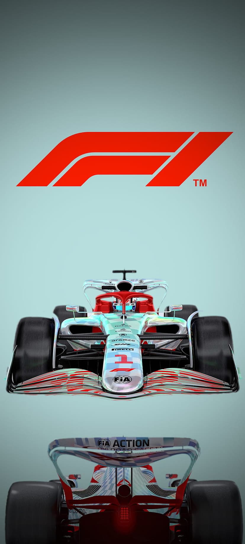 Formula 1 car in front and rear perspectives beneath the official logo against a minimal light blue backdrop.