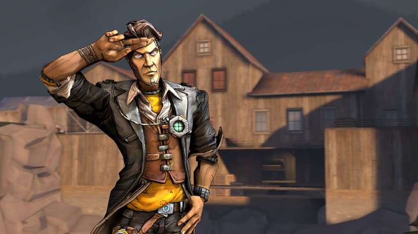 Handsome Jack salutes in front of a wooden building on a sunny day with warm light and soft depth.