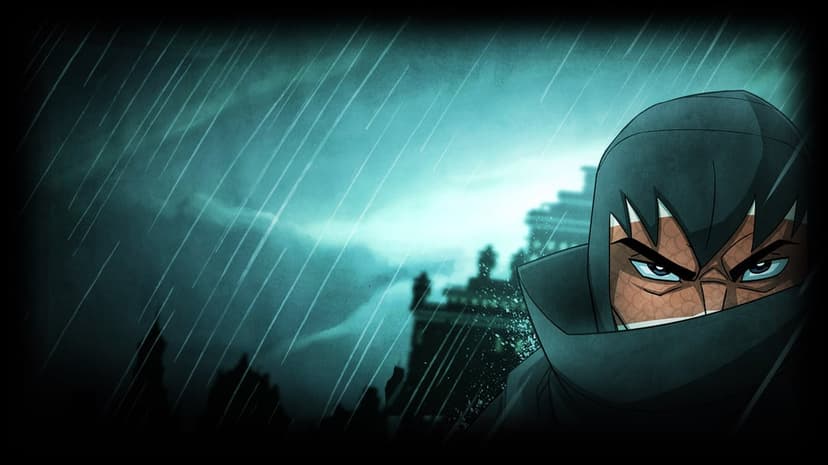 Hooded ninja with intense blue eyes stands in heavy rain against a dark teal city silhouette at night.