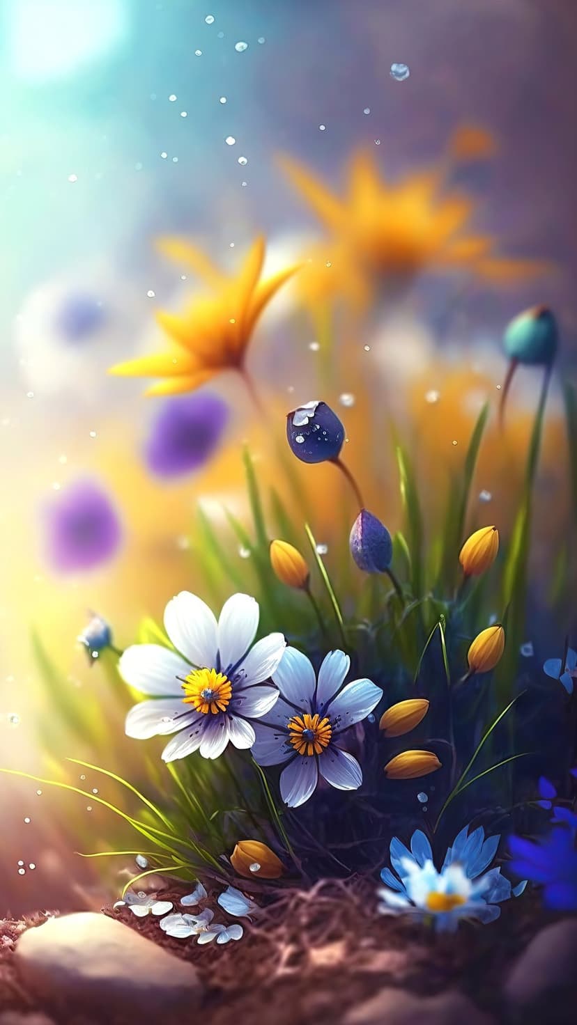White daisies and purple wildflowers covered in glistening dewdrops stand amidst a soft green spring meadow.