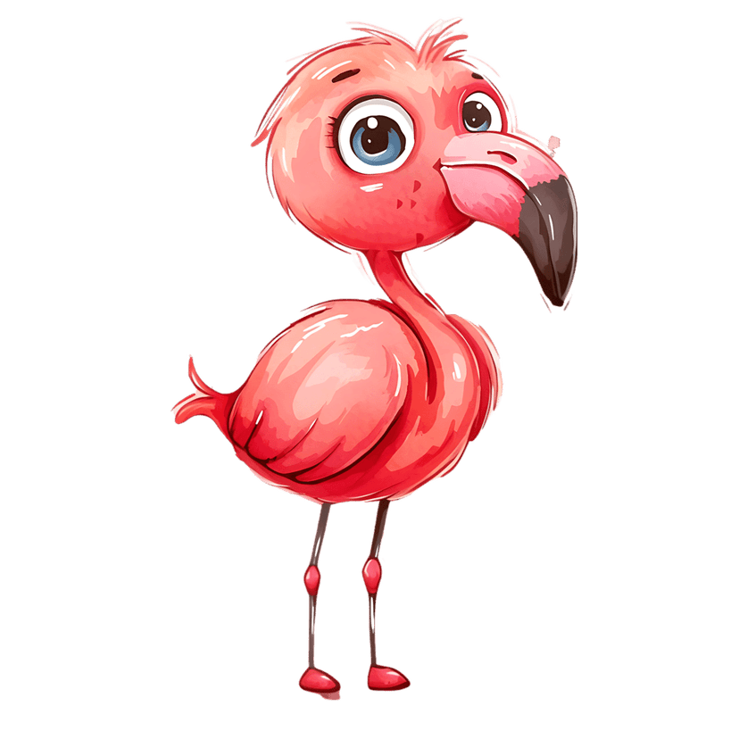 Pink flamingo watercolor illustration with large blue eyes and black beak standing on thin legs against transparency.