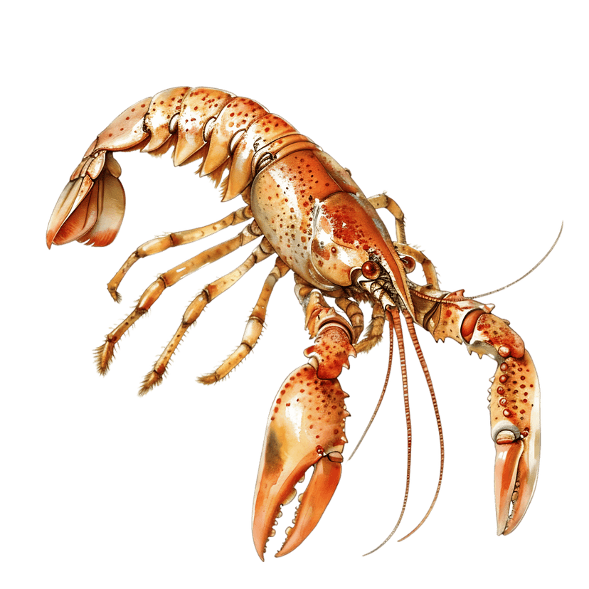 Red lobster watercolor illustration featuring detailed claws and segmented shell anatomy against a black background.