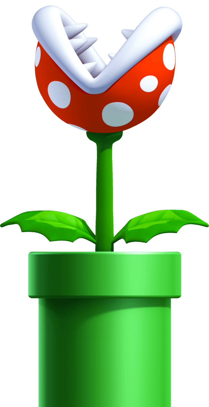 Piranha plant with red spotted petals emerging from a green warp pipe pot on a transparent background.