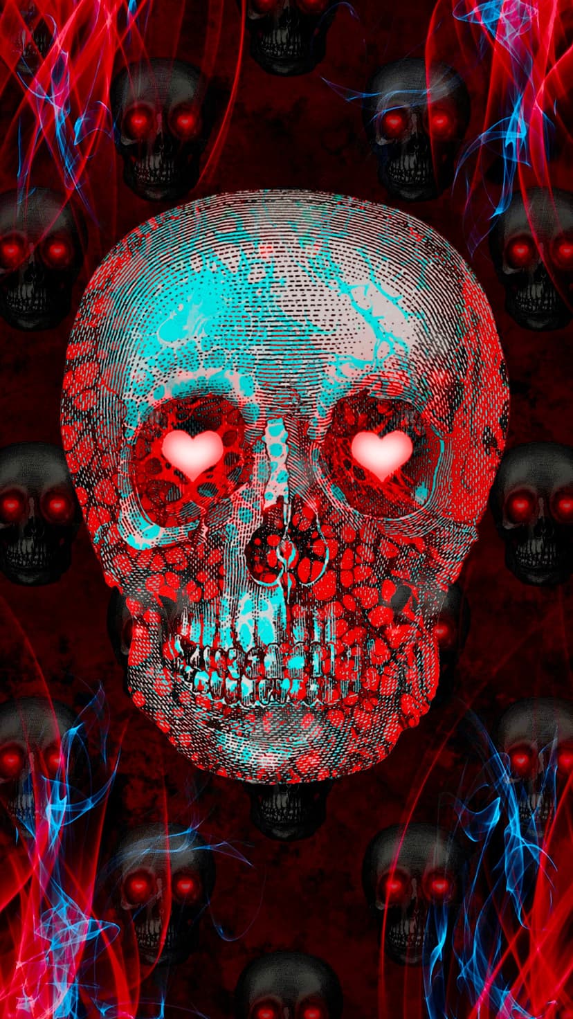 Stylized skull with glowing red heart eyes surrounded by vibrant red and blue flames and a glitchy aesthetic.