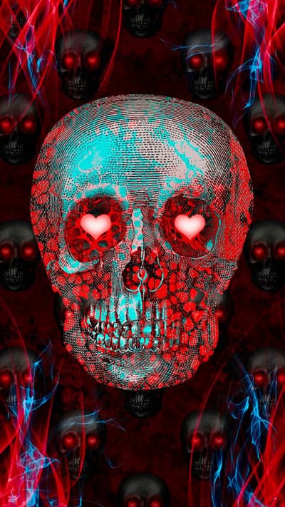 Gothic Glitch Skull with Heart Eyes Mobile Background