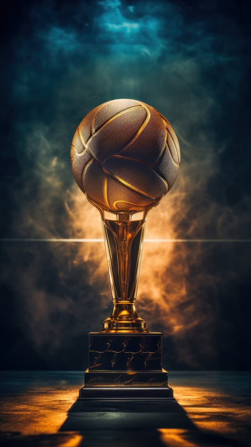 Golden basketball trophy with reflective metallic textures surrounded by soft smoke and moody spotlighting.