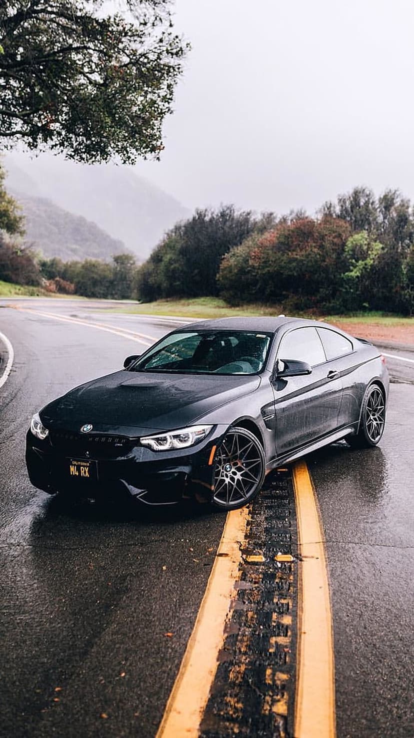 BMW M4 Coupe in black parked on a wet asphalt road with yellow lines, surrounded by foggy mountains and autumn trees.