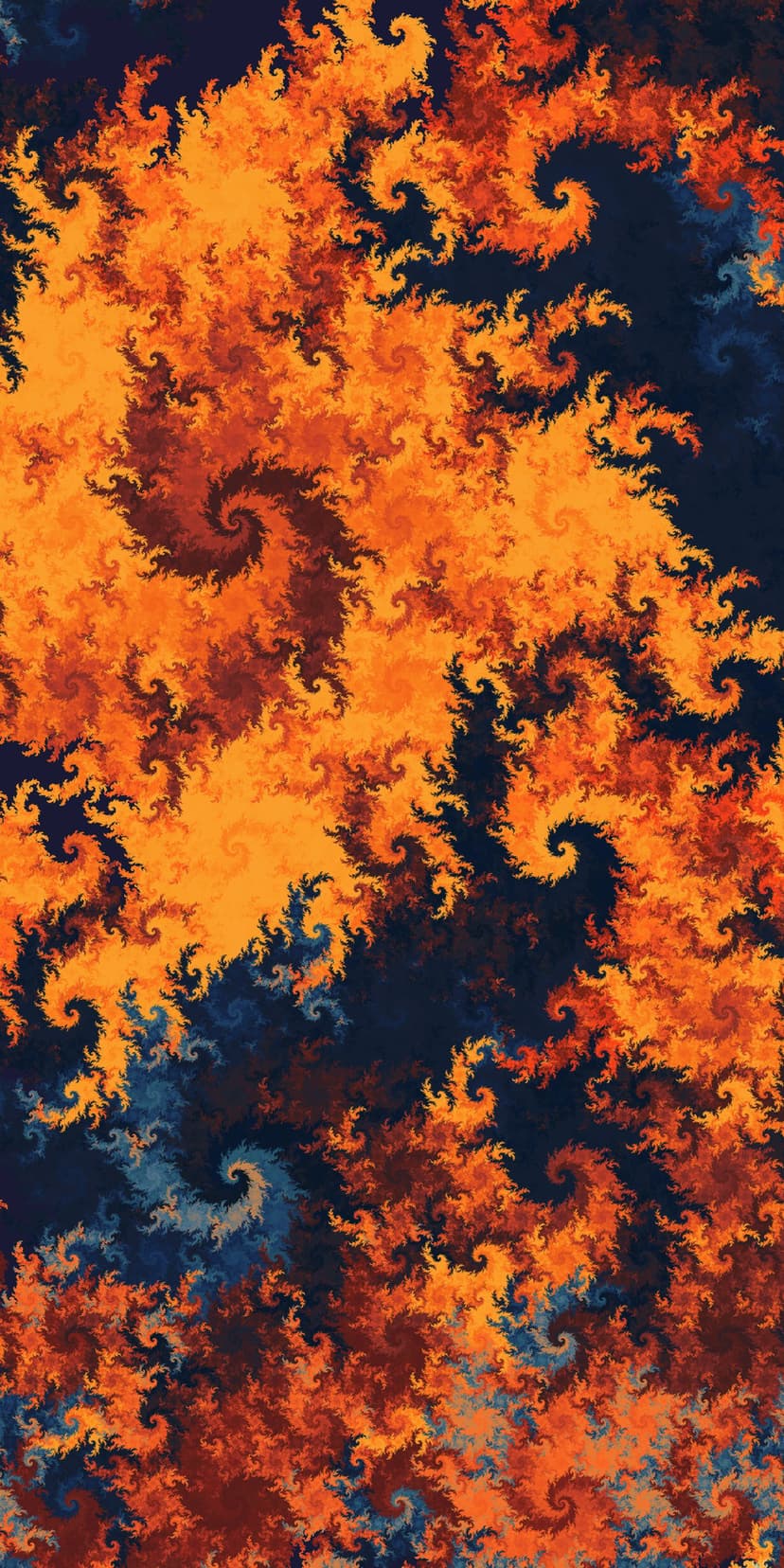 Luminous orange and blue spiraling fractal patterns with sharp geometric details and a central glowing core.