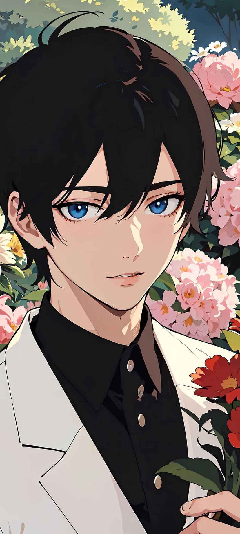Young man with messy black hair and blue eyes stands amidst blooming pink flowers wearing a white blazer.