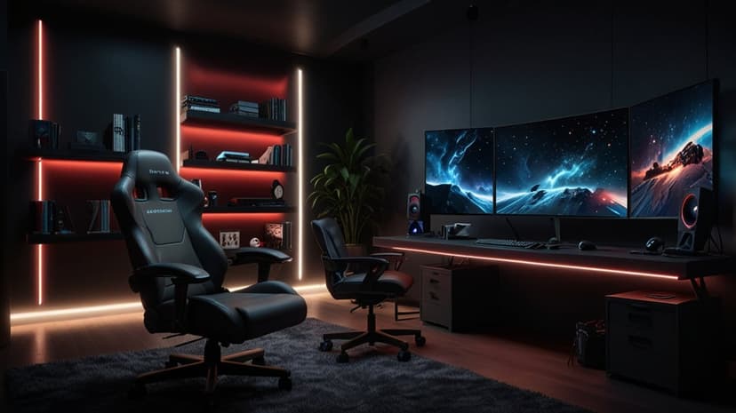 Ergonomic black chair faces glowing monitors showing nebulae within a red-lit futuristic gaming room setup.