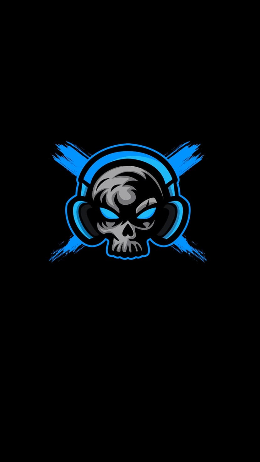 Skull with glowing blue eyes wearing headphones in front of crossed blue paint strokes on a black background.