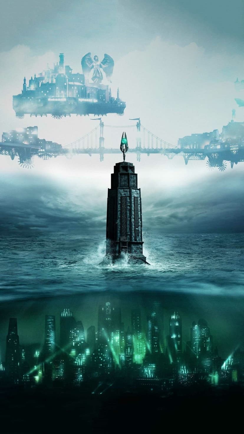 A dark Art Deco lighthouse stands centered between a floating sky city and a glowing underwater metropolis.