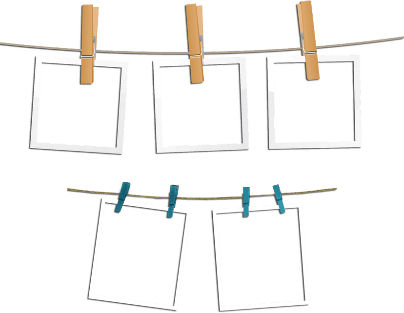 Five white paper frames hanging vertically with angled borders and subtle drop shadows against a clear background.