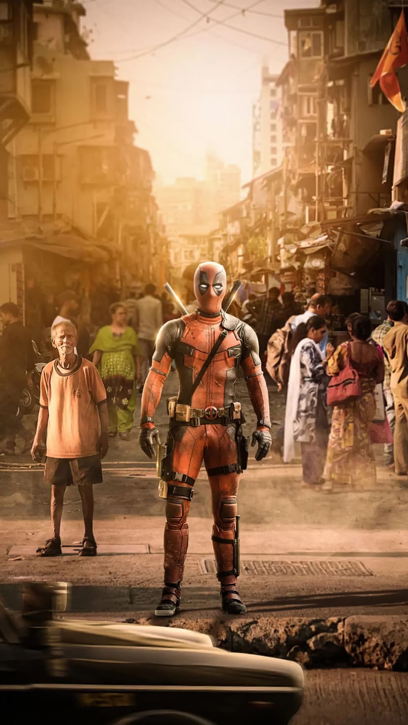 Deadpool stands on a dusty Indian street next to an elderly man with a vintage car blurred in the foreground.