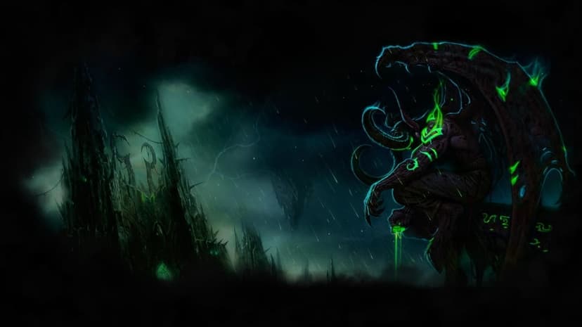Demonic warrior with glowing green tattoos sitting on a ledge before a spiky citadel in the rain.
