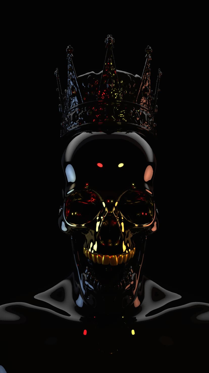 Glossy black skull wearing a dark ornate crown with shining gold teeth against a void of deep shadows.