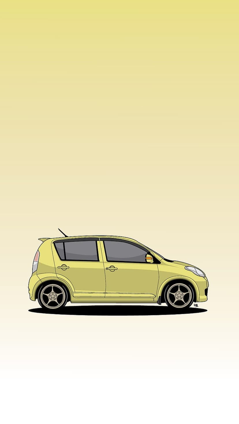 Yellow cartoon hatchback car shown from a side profile against a minimalist golden yellow gradient background.