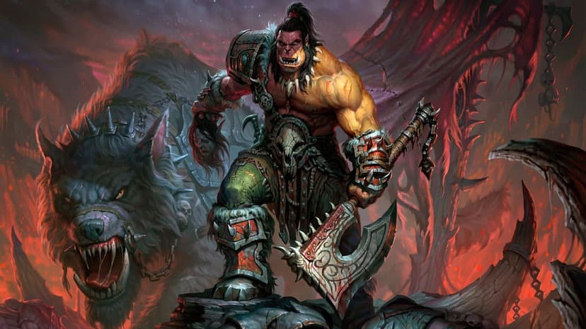 Orc warrior with a massive axe standing beside a snarling giant wolf in a fiery red landscape.
