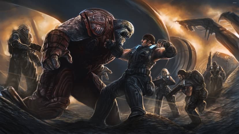 Marcus Fenix punching a giant Locust Boomer on a war-torn battlefield with COG soldiers in the background.