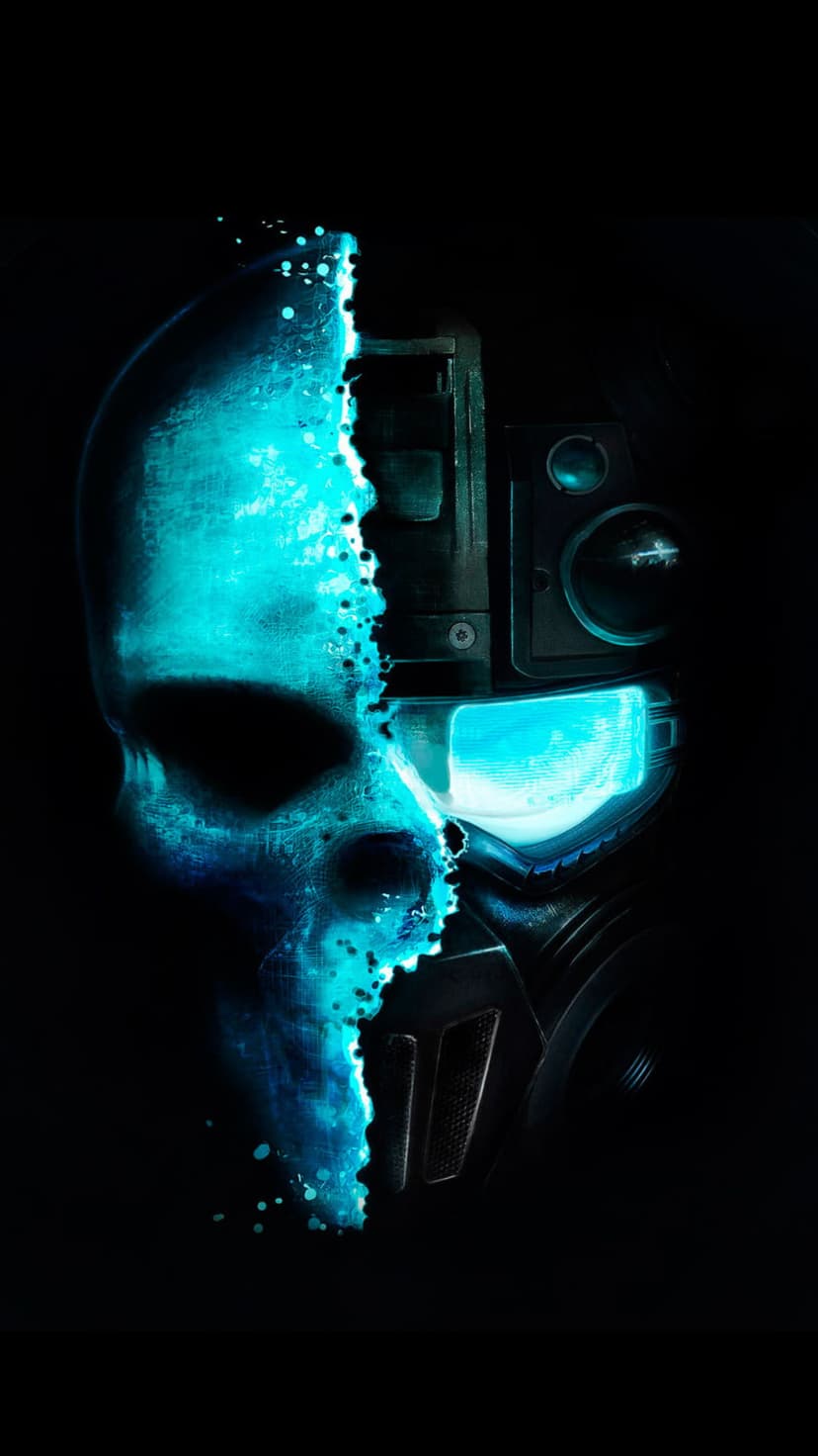 Human skull split with a glowing blue visor and robotic implants against a dark background in portrait mode.