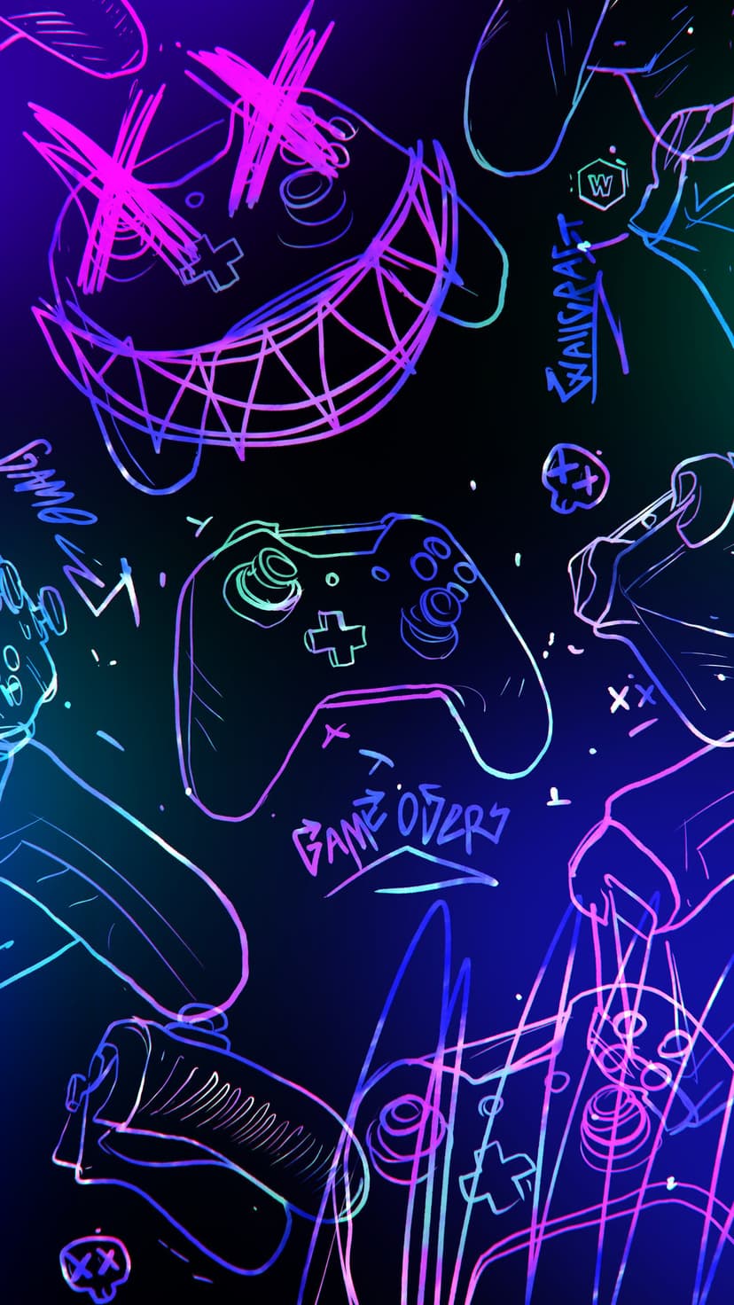 Glowing neon gaming controllers surround a distorted face with X eyes and Game Over text on a dark gradient.