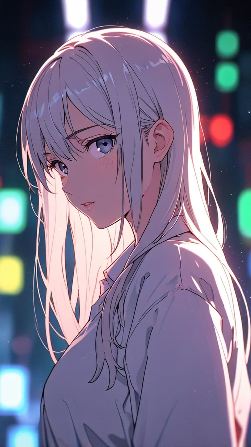 White haired girl with blue eyes in profile view against a blurry night cityscape with colorful bokeh lights.