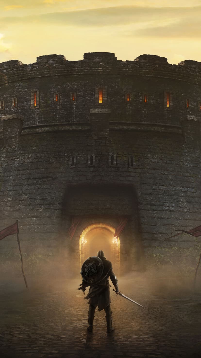 Knight with shield and sword standing before a massive stone tower with glowing orange windows in mist.