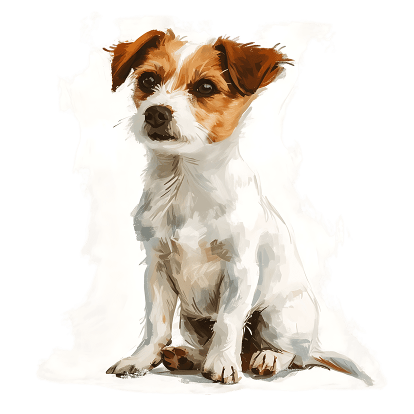 Jack Russell Terrier puppy illustration featuring tan and white fur patterns with visible artistic brushstrokes.