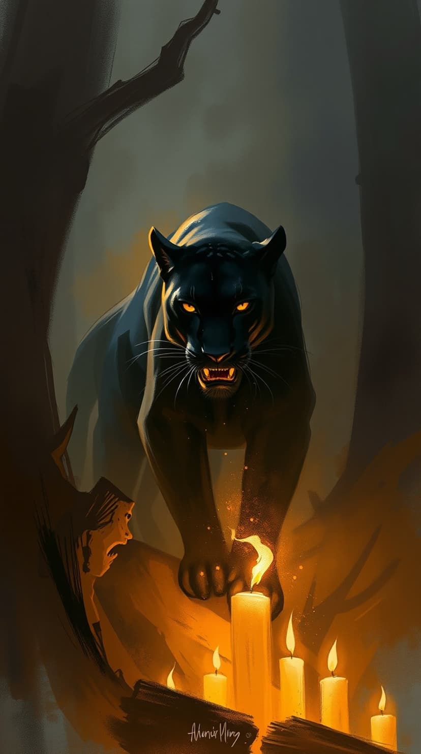 Black panther with glowing yellow eyes stands over burning candles in a dark, misty forest at midnight.