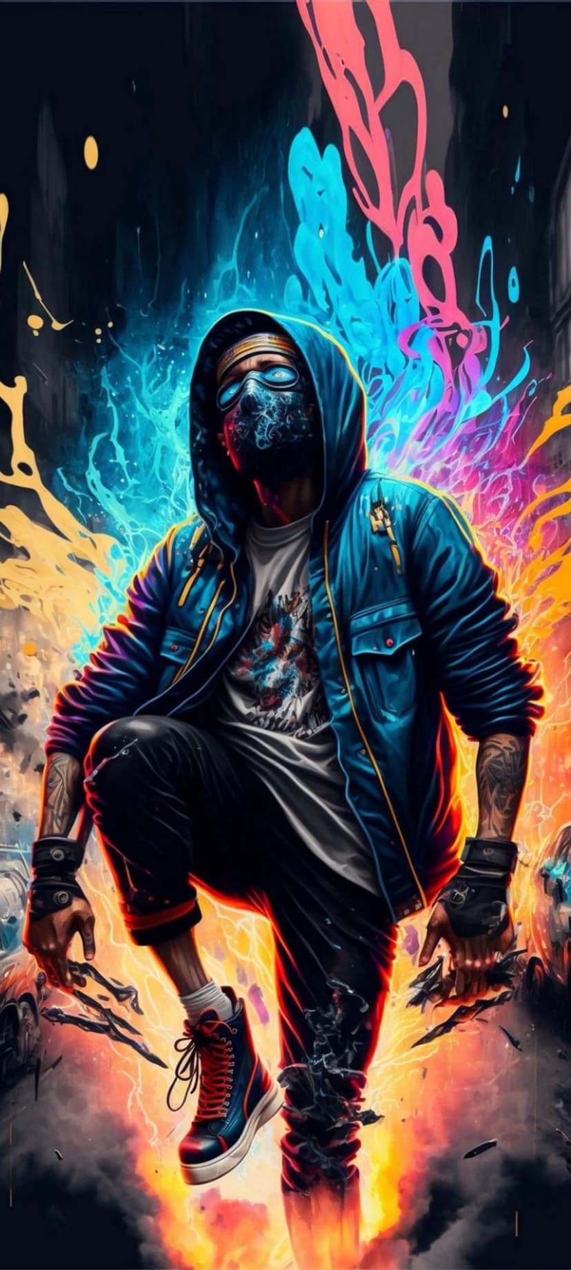 Masked hacker in a blue hoodie stands before a burning neon city with glowing orange embers and futuristic lights.