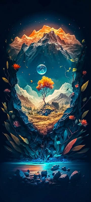 Surreal Mountains, Tree, and Cosmic Ocean Landscape