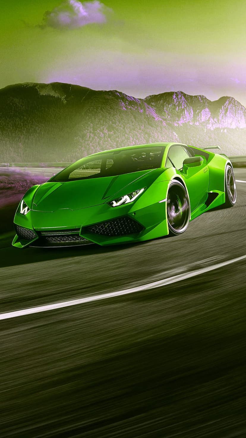 Lime green Lamborghini speeding on a mountain road with motion blur under a purple and emerald misty sky.