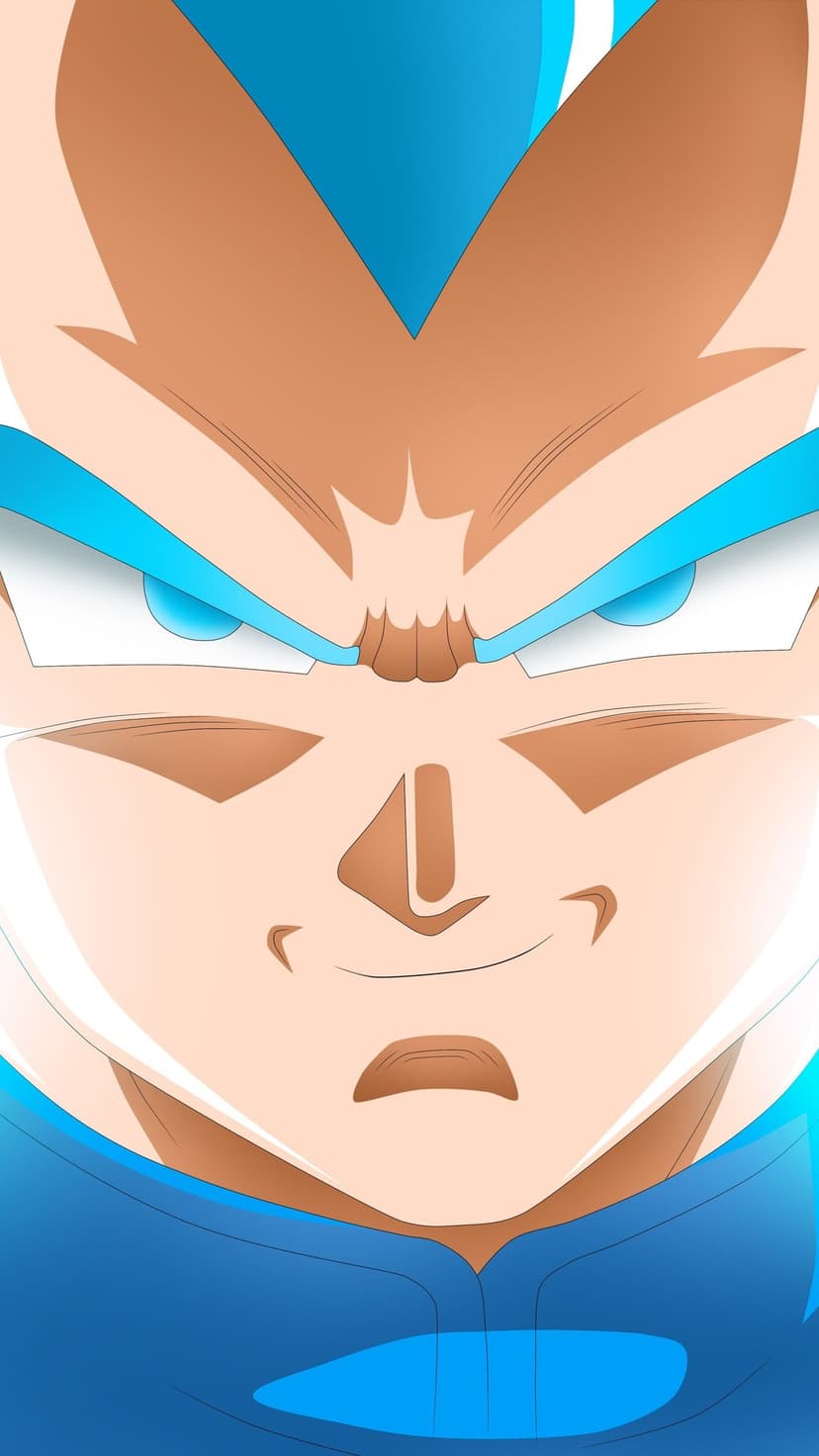 Vegeta stares forward with glowing blue hair and intense eyes in a vertical Super Saiyan Blue portrait.