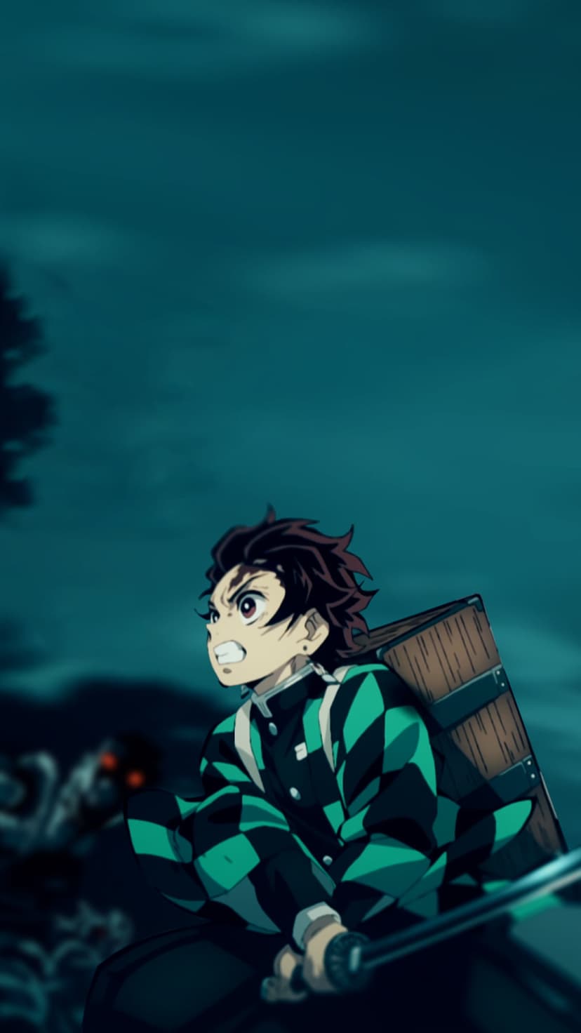 Tanjiro Kamado crouches in a checkered haori while grasping his sword hilt with a fierce, determined expression.